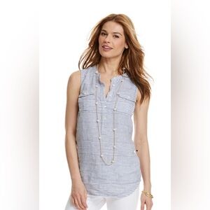 Vineyard Vines 100% Linen Stripe Sleeveless Camp Popover Blue & White EUC